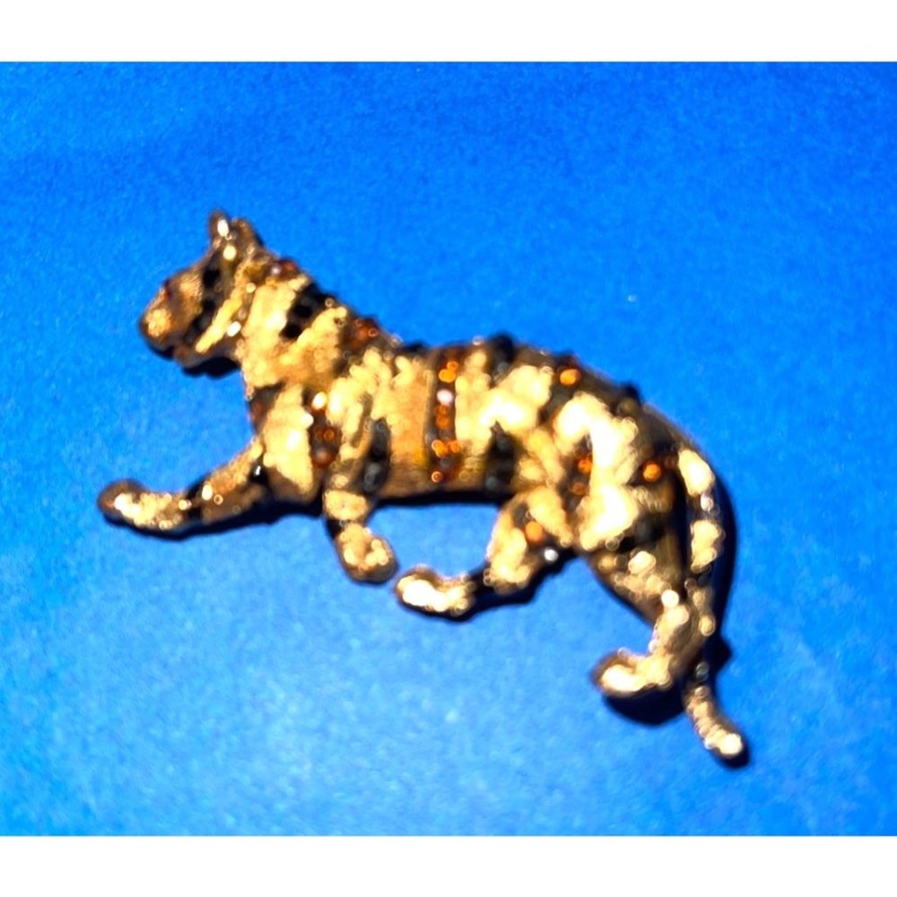 Gold Toned Tiger Vintage Brooch Black Stripes and Rhinestones Stamped S.A.